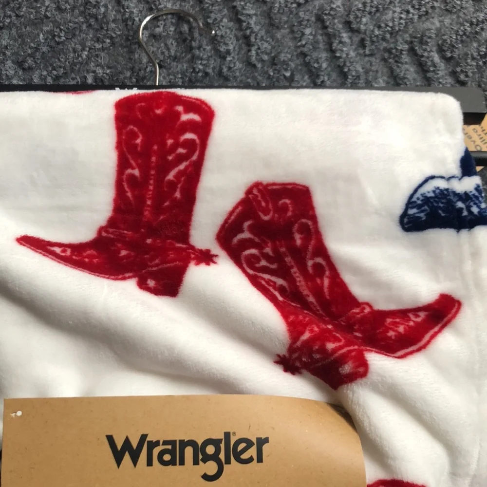 Wrangler Red and Blue Cowboy Boot and Hat Print Plush Throw